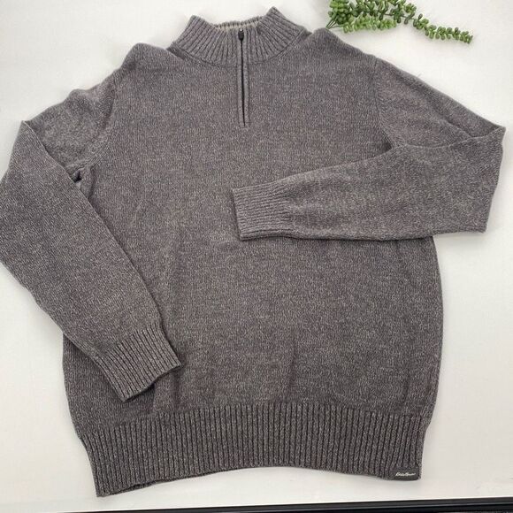 Eddie Bauer 1/4 Zip Pullover Marled Cotton Sweater Grey Tall‎ Large - Picture 1 of 16